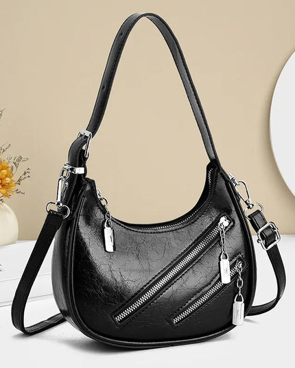 Diagonal Zipper Leather Shoulder Bag 