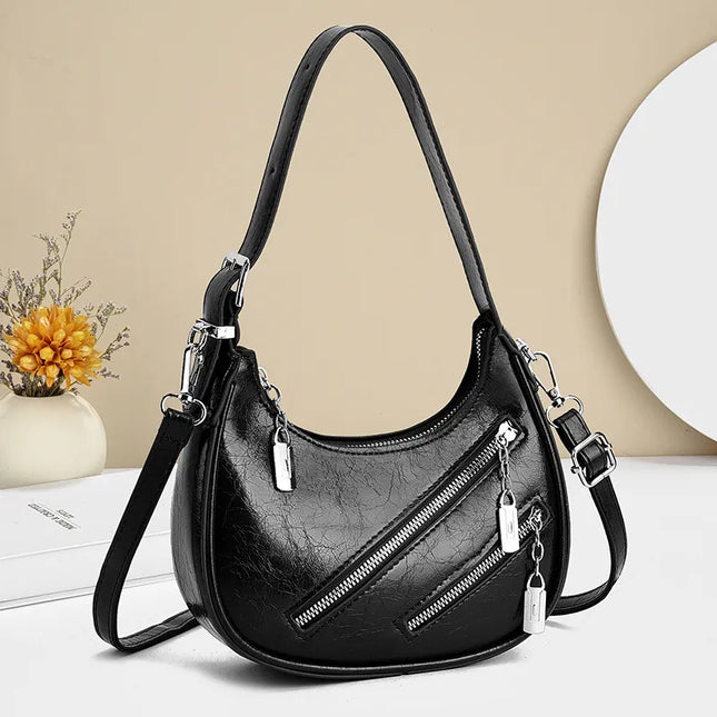 Diagonal Zipper Leather Shoulder Bag 