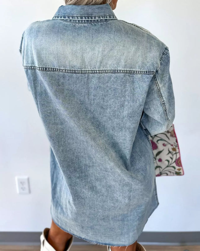 Chest Pocket Raw Hem Denim Loose Shirt Dress