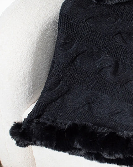Fuzzy Hem Cable-Knit Poncho