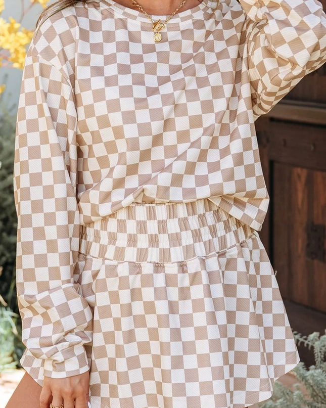 Checkered Long Sleeve Top and Skirt Two-Piece Set