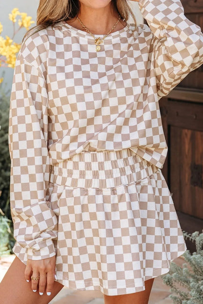 Checkered Long Sleeve Top and Skirt Two-Piece Set