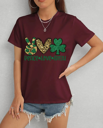 PEACE LOVE IRISH Round Neck Short Sleeve T-Shirt Burgundy