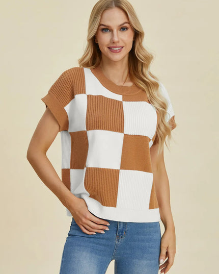 Double Take Full Size Checkered Round Neck Short Sleeve Sweater