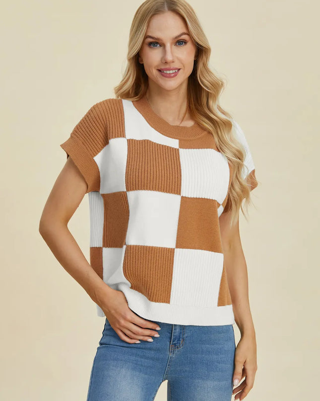 Double Take Full Size Checkered Round Neck Short Sleeve Sweater