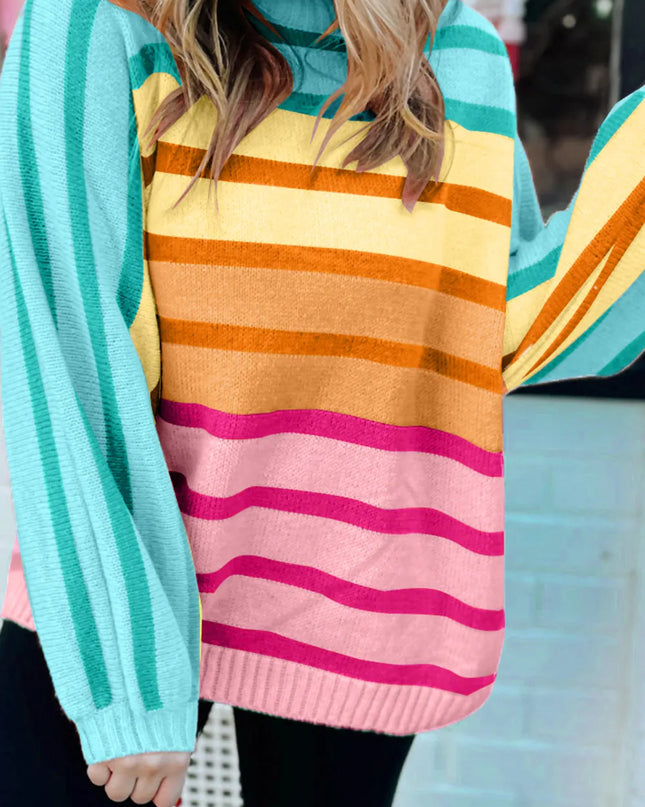 Contrast Striped Round Neck Long Sleeve Knit Top Turquoise