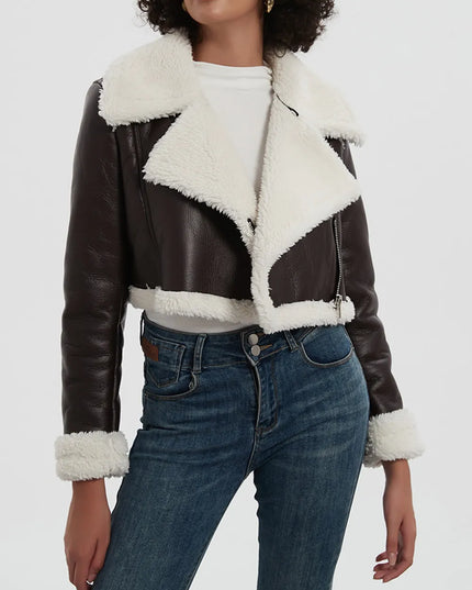 Collared Neck Long Sleeve Plush Cropped Jacket Chocolate