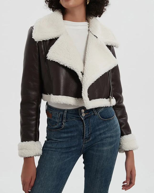 Collared Neck Long Sleeve Plush Cropped Jacket Chocolate