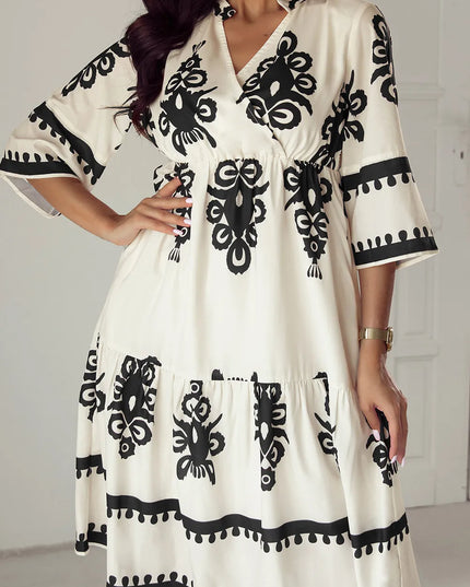 Printed Half Sleeve Knee Length Dress Ivory