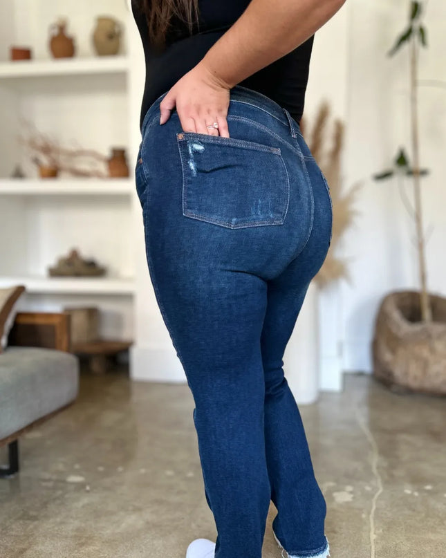 Judy Blue Full Size High Waist Rigid Magic Heavy Destroy Straight Jeans 
