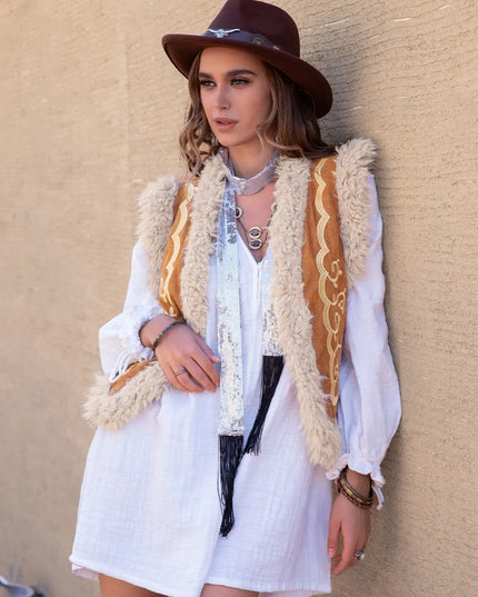 Fuzzy Open Front Vest Coat Camel