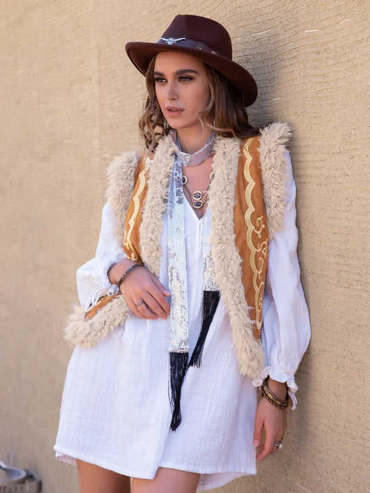 Fuzzy Open Front Vest Coat Camel