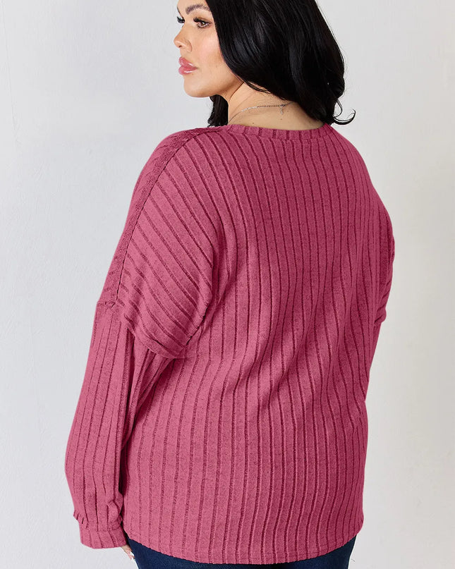 Basic Bae Full Size Ribbed Half Button Long Sleeve T-Shirt