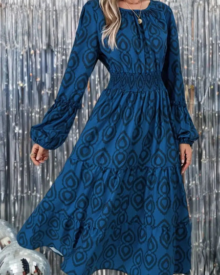 Printed Round Neck Balloon Sleeve Dress