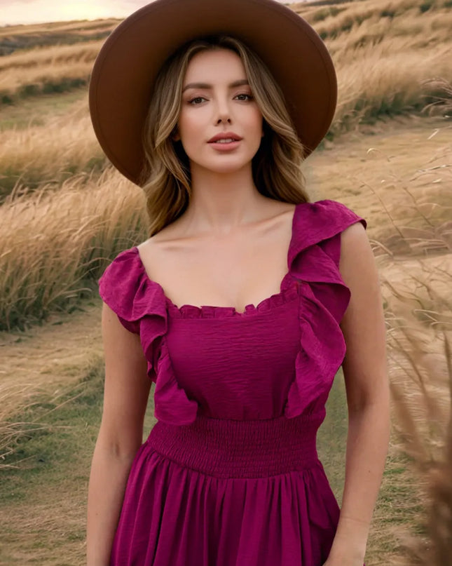 Ruffled Smocked Square Neck Maxi Dress