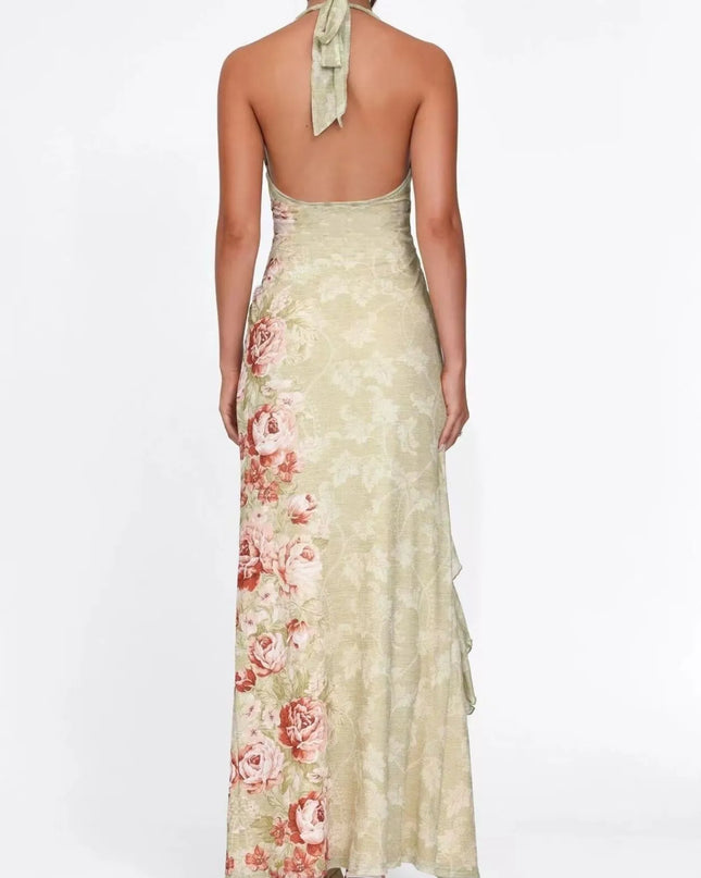 Floral Print Halter Neck Ruched Maxi Dress