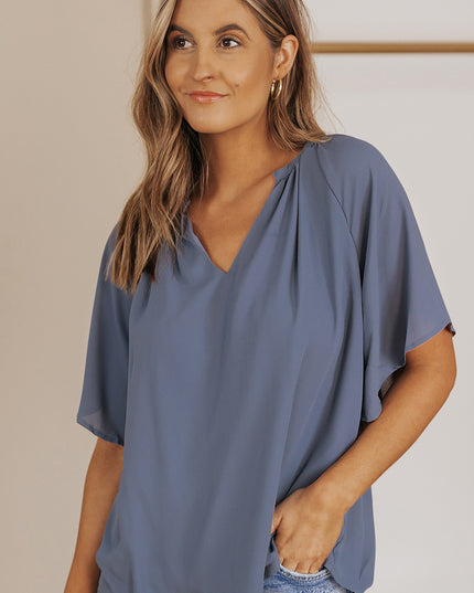 Gathered Detail Notched Neck Flutter Sleeve Top 