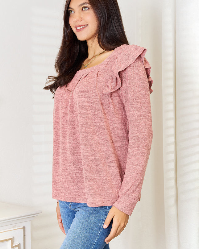 Double Take Square Neck Ruffle Shoulder Long Sleeve T-Shirt