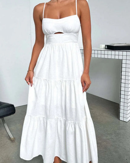 Cut-Out Tiered Dress with Spaghetti Straps White