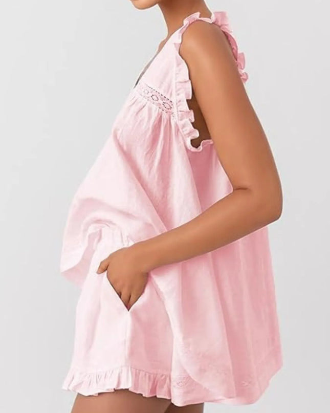 Ruffled V-Neck Top and Shorts Set