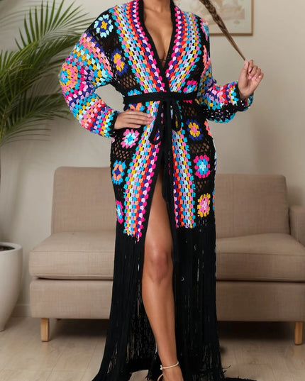 Fringe Tied Long Sleeve Cardigan Black