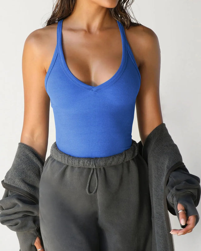Ribbed V-Neck Halter Tank Top 
