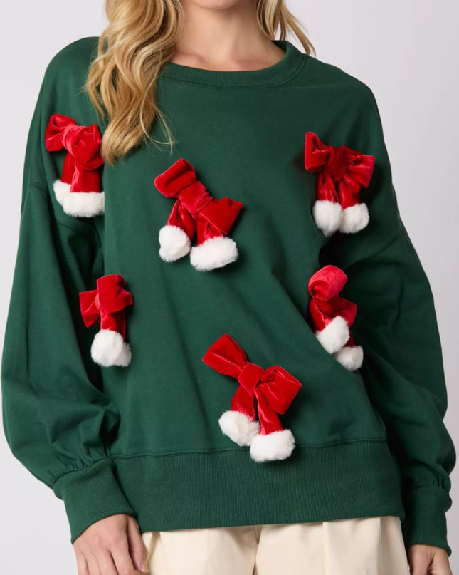 Christmas Long Sleeve Sweatshirt with Pom-Pom Bow Decoration Dark Green