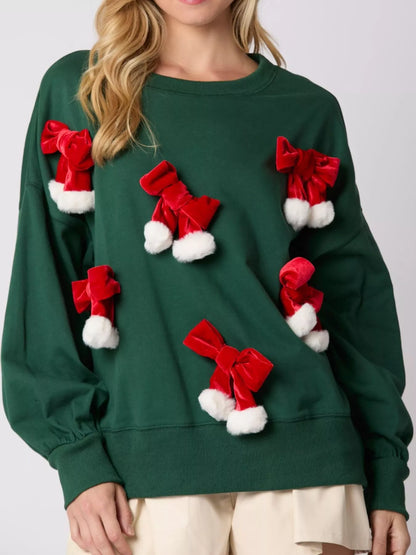 Christmas Long Sleeve Sweatshirt with Pom-Pom Bow Decoration Dark Green
