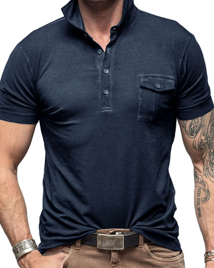 Men's Classic Pocket Polo Shirt with Stand Collar Navy