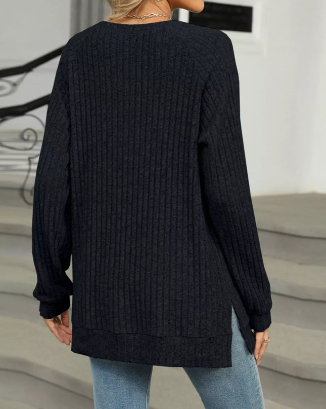 Ribbed Round Neck Long Sleeve T-Shirt