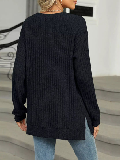 Ribbed Round Neck Long Sleeve T-Shirt