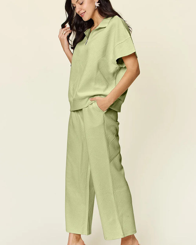 Double Take Full Size Texture Half Zip Short Sleeve Top and Pants Set
