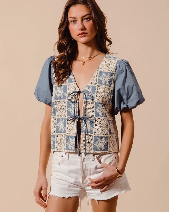 SO ME Crochet Lace Tie Front V Neck Blouse Top