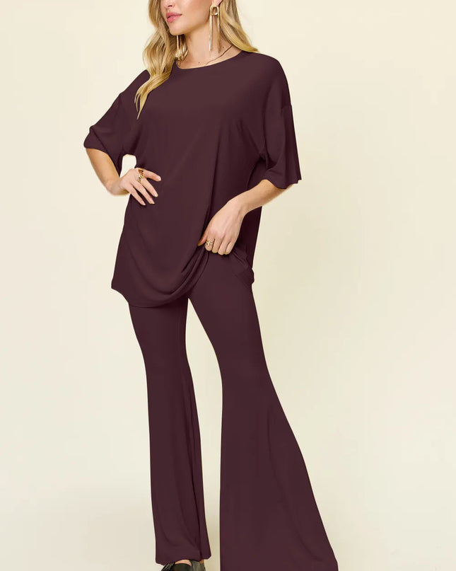 Double Take Full Size Round Neck Drop Shoulder T-Shirt and Flare Pants Set