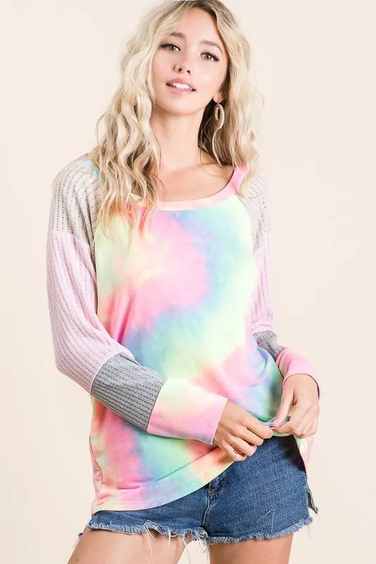 BiBi Tie Dye Terry Top with Color Block Pointelle Knit
