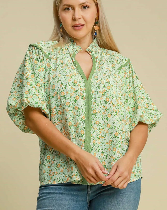 Umgee Full Size Floral Print Puff Sleeve Top Plus Size