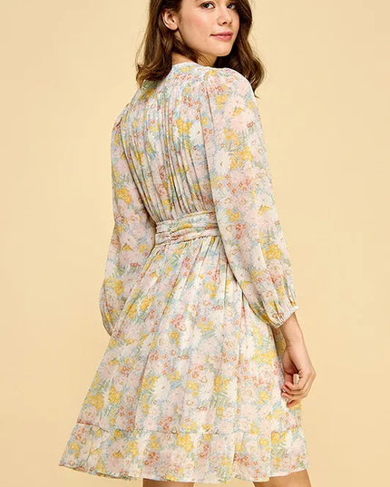Lime 'N' Chili Chiffon Floral Print Belted Dress with Back Zipper 