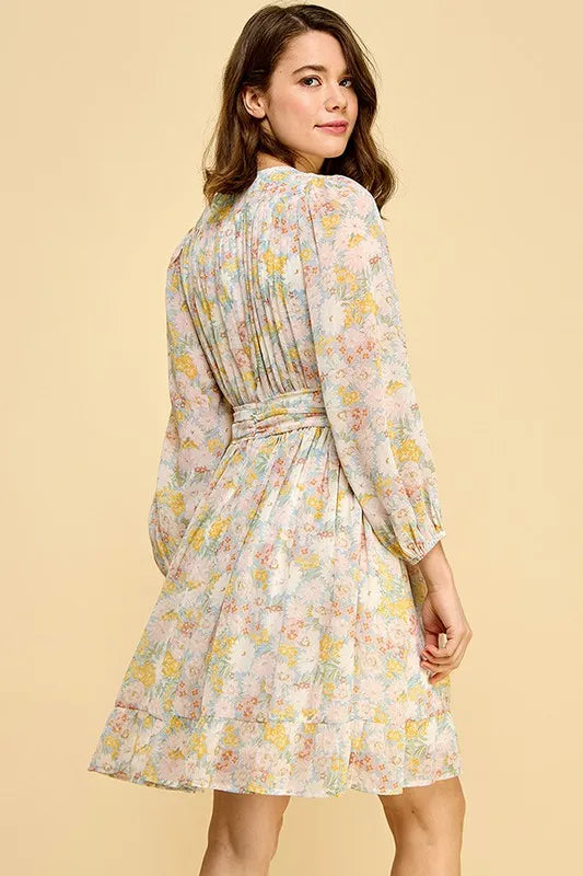 Lime 'N' Chili Chiffon Floral Print Belted Dress with Back Zipper 