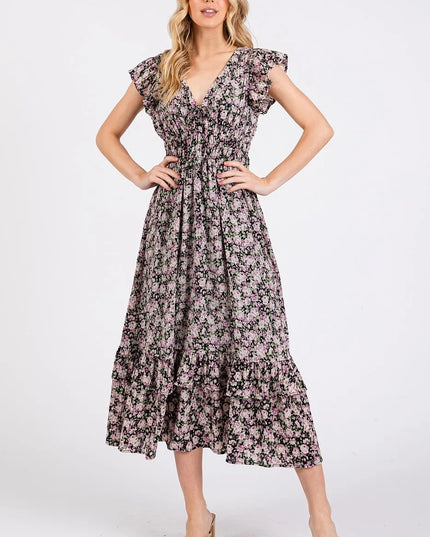 Mittoshop Flower Print Ruffle Cap Sleeve V-neck Midi Dress