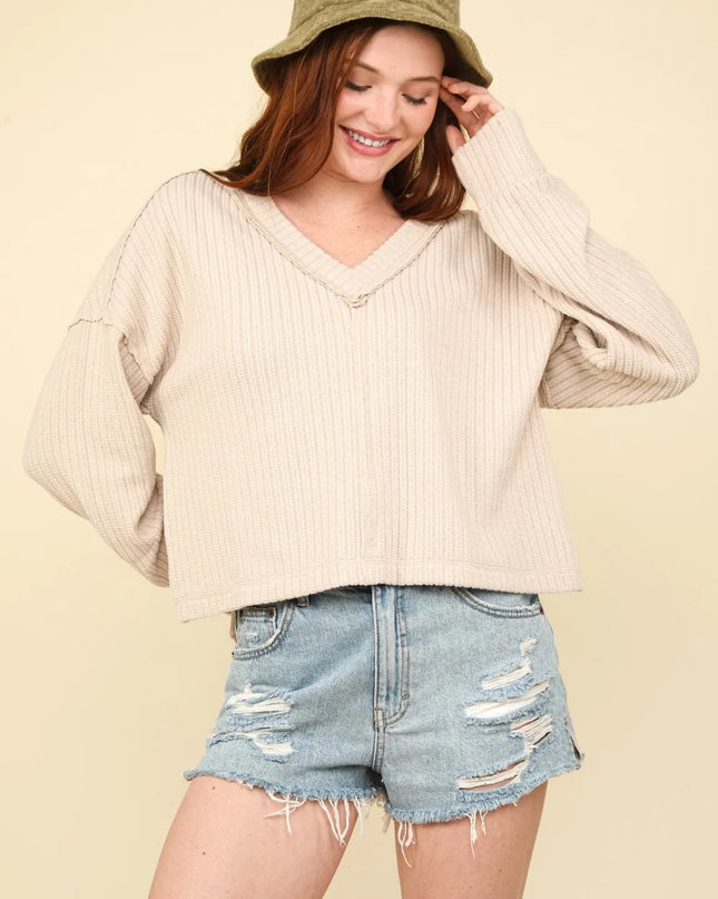VERY J Exposed Seam V-Neck Ribbed Knit Top