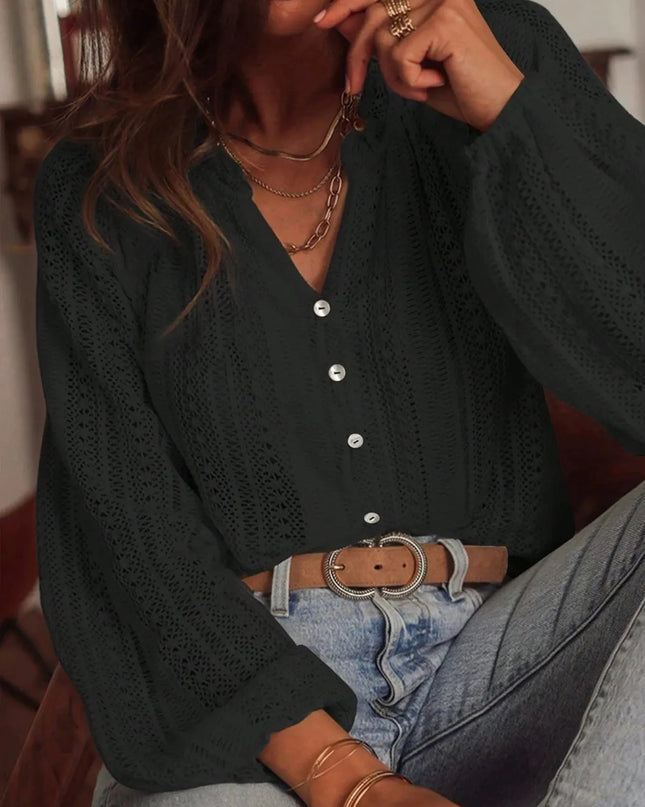Crochet Notched Button-Front Shirt Black