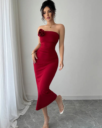 Slit Back Flower Tube Midi Dress 