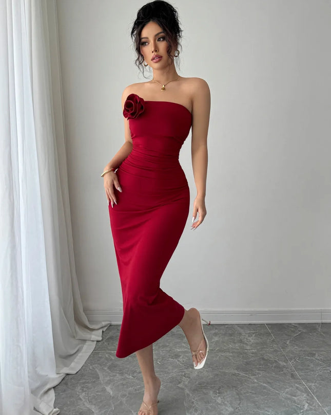 Slit Back Flower Tube Midi Dress 