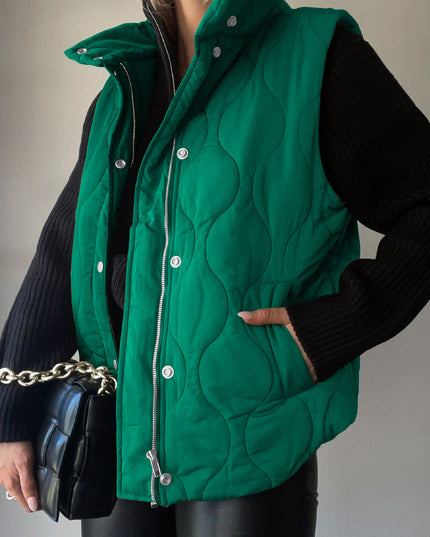 Collared Neck Vest with Pockets Green