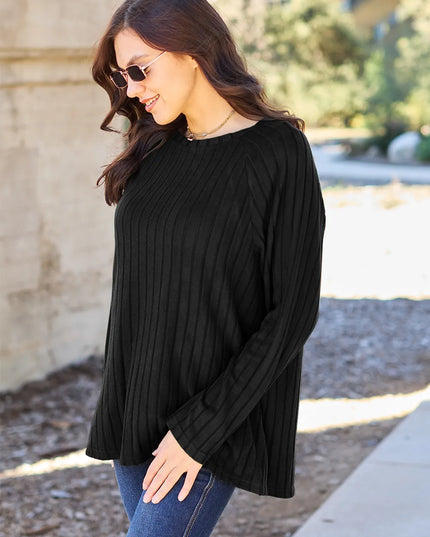 Basic Bae Full Size Ribbed Round Neck Long Sleeve Knit Top