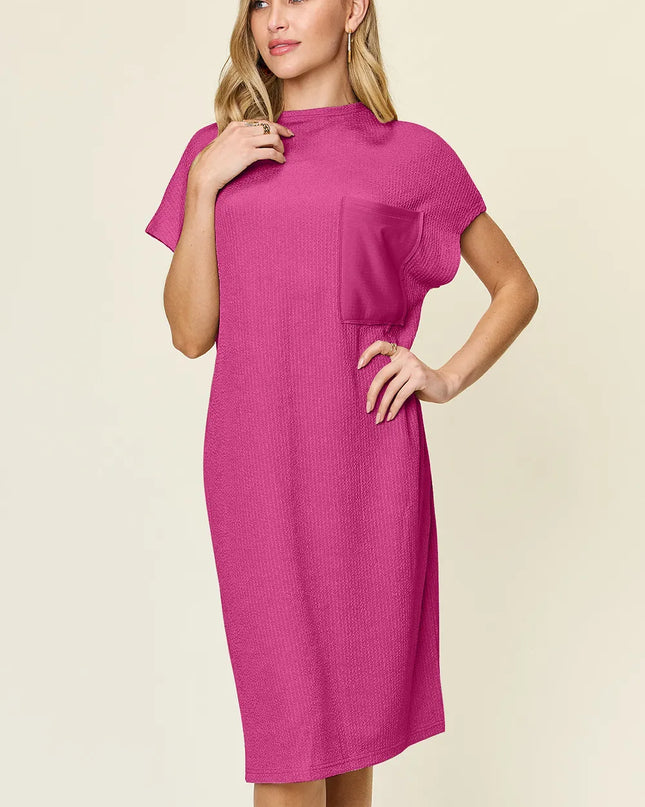 Double Take Full Size Texture Mock Neck Short Sleeve Dress