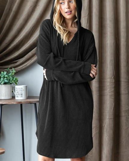 Heimish Ribbed Long Sleeve Hooded Dress Black