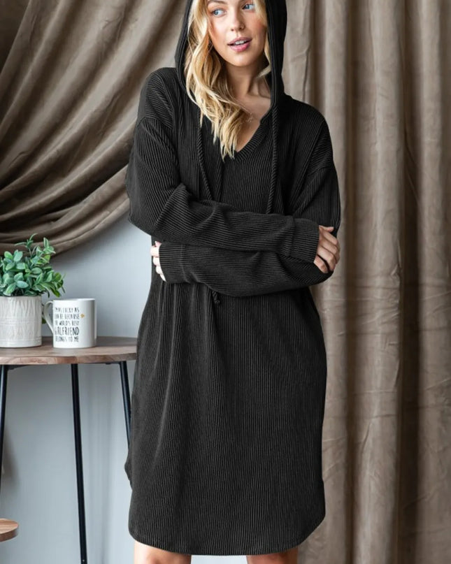 Heimish Ribbed Long Sleeve Hooded Dress Black