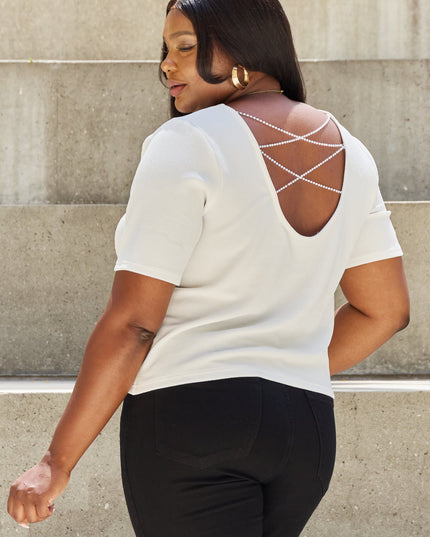And The Why Pearly White Full Size Criss Cross Pearl Detail Open Back T-Shirt
