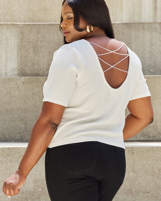 And The Why Pearly White Full Size Criss Cross Pearl Detail Open Back T-Shirt